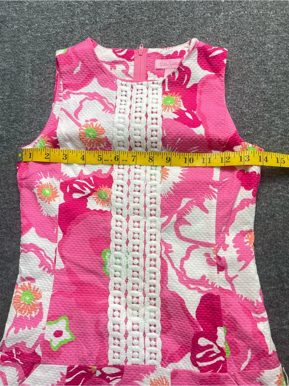 Lilly Pulitzer Girls Pink Floral Shift Dress Lace Trim Drop Waist Pockets 10 - Picture 11 of 12